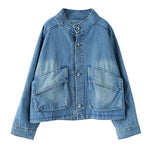 Fashion Blue Stand Collar Button Big Pockets Denim Coat Long Sleeve