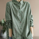 Fashion Green button Peter Pan Collar Cotton Shirt Tops Long Sleeve