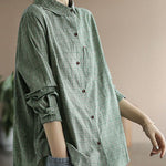 Fashion Green button Peter Pan Collar Cotton Shirt Tops Long Sleeve