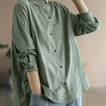 Fashion Green button Peter Pan Collar Cotton Shirt Tops Long Sleeve