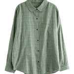 Fashion Green button Peter Pan Collar Cotton Shirt Tops Long Sleeve