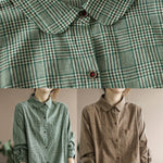 Fashion Green button Peter Pan Collar Cotton Shirt Tops Long Sleeve