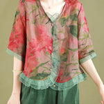 Fashion Red Ruffled Button Patchwork Linen Blouse Top Summer