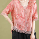 Fashion Red Ruffled Button Patchwork Linen Blouse Top Summer