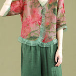 Fashion Red Ruffled Button Patchwork Linen Blouse Top Summer
