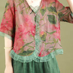 Fashion Red Ruffled Button Patchwork Linen Blouse Top Summer