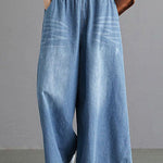 Fine Blue Regular Pockets Straight Fall Denim Pants