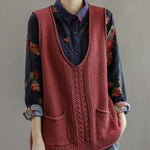 Fitted Mulberry V Neck Hollow Out Pockets Fall Knit Sleeveless Waistcoat