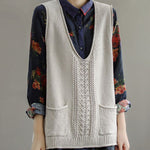 Fitted Mulberry V Neck Hollow Out Pockets Fall Knit Sleeveless Waistcoat