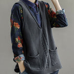 Fitted Mulberry V Neck Hollow Out Pockets Fall Knit Sleeveless Waistcoat