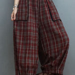 Fitted Red Plaid Pockets lantern Pants Winter