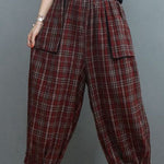 Fitted Red Plaid Pockets lantern Pants Winter