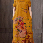 Fitted Yellow Mandarin Collar Print Pockets Silk Long Dresses Short Sleeve