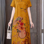 Fitted Yellow Mandarin Collar Print Pockets Silk Long Dresses Short Sleeve