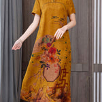 Fitted Yellow Mandarin Collar Print Pockets Silk Long Dresses Short Sleeve