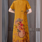 Fitted Yellow Mandarin Collar Print Pockets Silk Long Dresses Short Sleeve