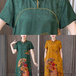 Fitted Yellow Mandarin Collar Print Pockets Silk Long Dresses Short Sleeve