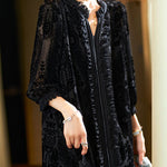 French Black V Neck Floral Velour Tops Long Sleeve