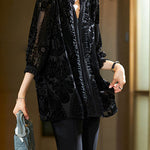 French Black V Neck Floral Velour Tops Long Sleeve