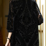 French Black V Neck Floral Velour Tops Long Sleeve