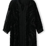 French Black V Neck Floral Velour Tops Long Sleeve