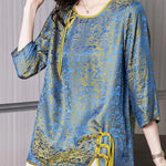 French Blue O-Neck Asymmetrical Jacquard Silk Top Half Sleeve