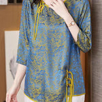 French Blue O-Neck Asymmetrical Jacquard Silk Top Half Sleeve