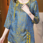 French Blue O-Neck Asymmetrical Jacquard Silk Top Half Sleeve