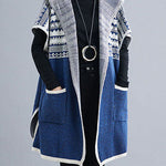 French Blue hooded Casual side open Short Sleeve Fall Knit sweaters Coat