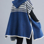 French Blue hooded Casual side open Short Sleeve Fall Knit sweaters Coat
