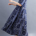 French Navy Exra Large Hem Print Dresses Cotton Linen Summer