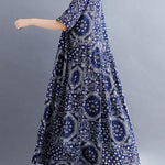 French Navy Exra Large Hem Print Dresses Cotton Linen Summer