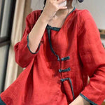 French Red Asymmetrical Button Linen Blouses Long Sleeve
