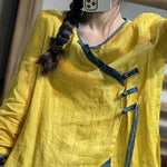 French Red Asymmetrical Button Linen Blouses Long Sleeve