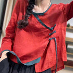 French Red Asymmetrical Button Linen Blouses Long Sleeve
