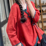French Red Asymmetrical Button Linen Blouses Long Sleeve