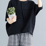 French black cotton blended clothes For Women stylish Fabrics o neck Batwing Sleeve patchwork loose Summer tops