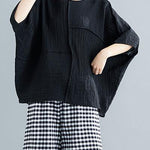 French black cotton blended clothes For Women stylish Fabrics o neck Batwing Sleeve patchwork loose Summer tops