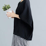 French black cotton blended clothes For Women stylish Fabrics o neck Batwing Sleeve patchwork loose Summer tops