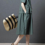 French green Cotton Tunics o neck pockets Dresses