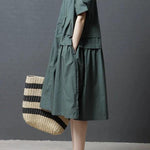 French green Cotton Tunics o neck pockets Dresses