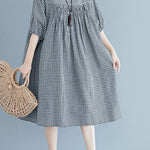 French o neck lantern sleeve clothes For Women pattern black Plaid Dresses summer