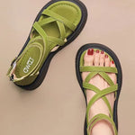 Green Sandals Platform Faux Leather Handmade Splicing Cross Strap