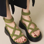 Green Sandals Platform Faux Leather Handmade Splicing Cross Strap
