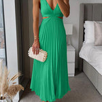 V Neck Cut Out Waist Sleeveless Pleated Maxi Dress
