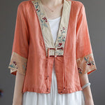 Handmade Orange Deep V Neck Patchwork Cotton Linen Shirt Bracelet Sleeve