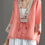 Handmade Orange Deep V Neck Patchwork Cotton Linen Shirt Bracelet Sleeve