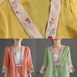 Handmade Orange Deep V Neck Patchwork Cotton Linen Shirt Bracelet Sleeve