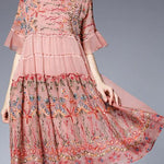 Handmade Pink Print Chiffon Rufflesflare Sleeve Summer Mid Dress
