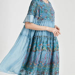 Handmade Pink Print Chiffon Rufflesflare Sleeve Summer Mid Dress